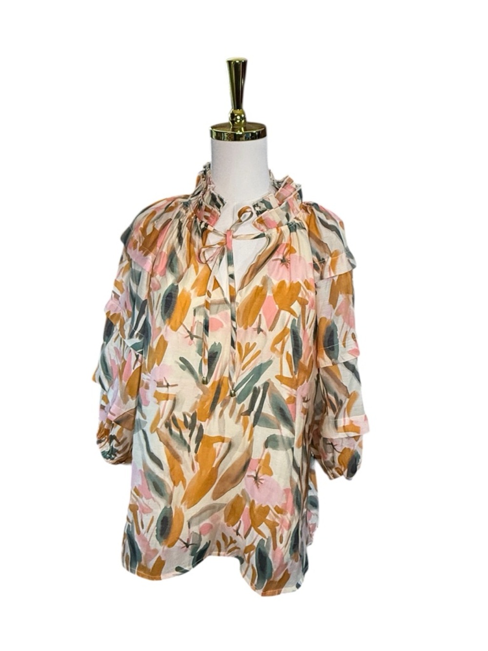 entro Abstract V Neck Bell Sleeve Pink Multi Floral Ruffle Tie-Neck Blouse Sz M